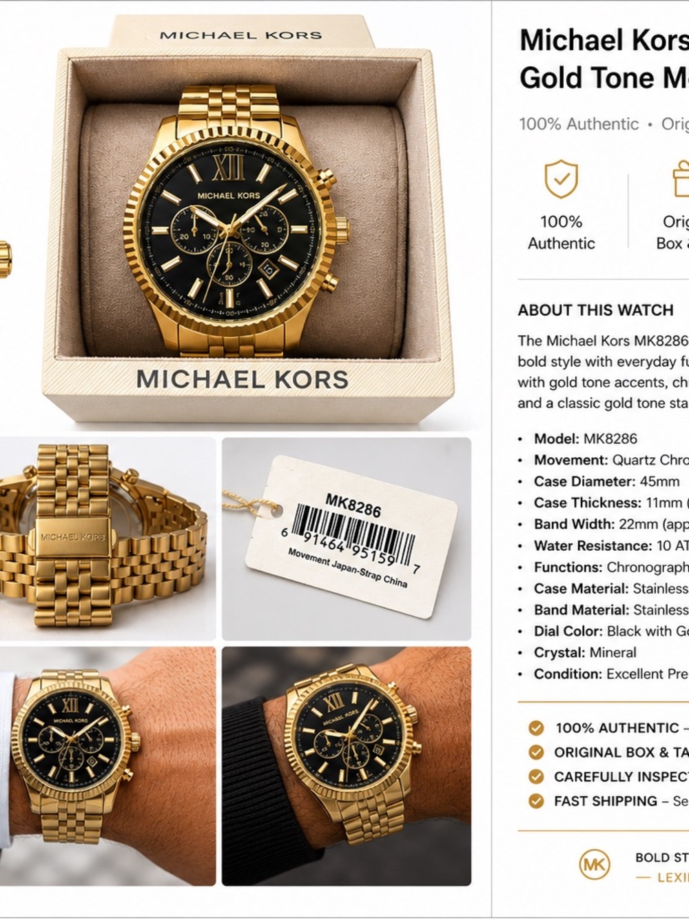 Michael Kors Gold Tone Watch with Black Dial